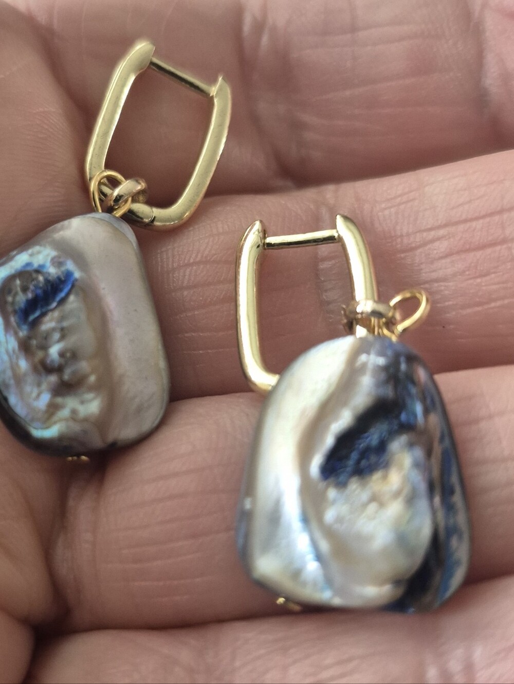 18k Gold Plated Hoop Earrings with Blue Mother Of Pearl Chunkie Drop . New Item - Picture 2 of 5